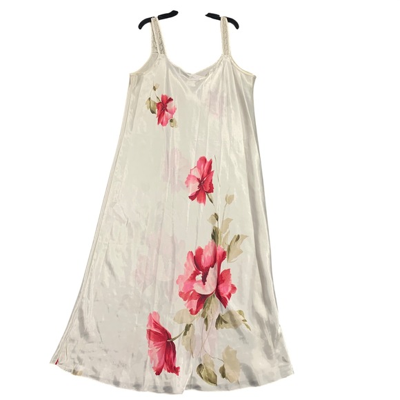 VTG California Dynasty Women L White Satin Floral Nightgown Slip Dress Lace Trim - Picture 5 of 6